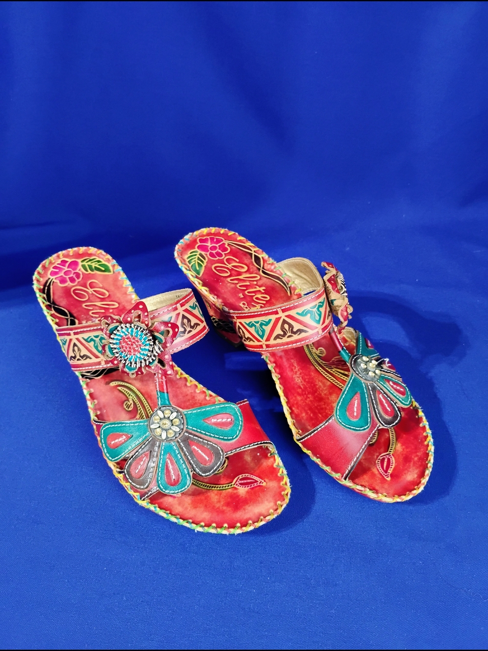 Embellished Red Floral Leather Slide Sandals with Teal Accents